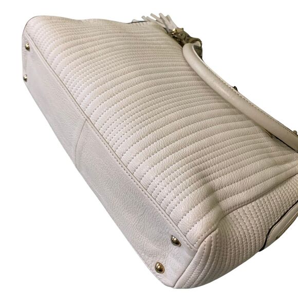 Calvin Klein Quilted Cream Leather Satchel with Tassel and Gold Chain Handles - Picture 11 of 14